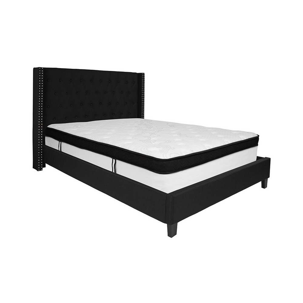 Riverdale Queen Size Tufted Upholstered Platform Bed in Black Fabric with Memory Foam Mattress