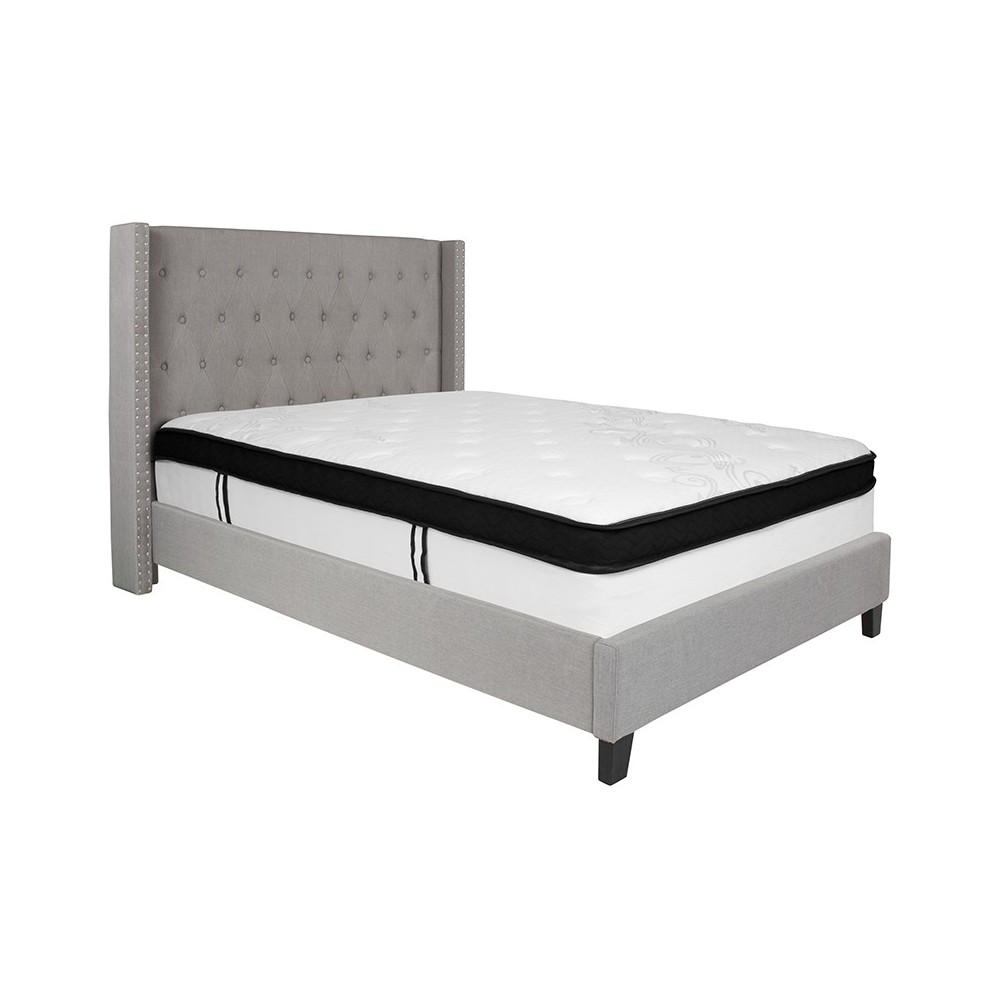 Riverdale Full Size Tufted Upholstered Platform Bed in Light Gray Fabric with Memory Foam Mattress