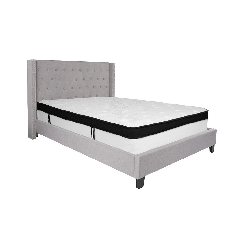 Riverdale Queen Size Tufted Upholstered Platform Bed in Light Gray Fabric with Memory Foam Mattress