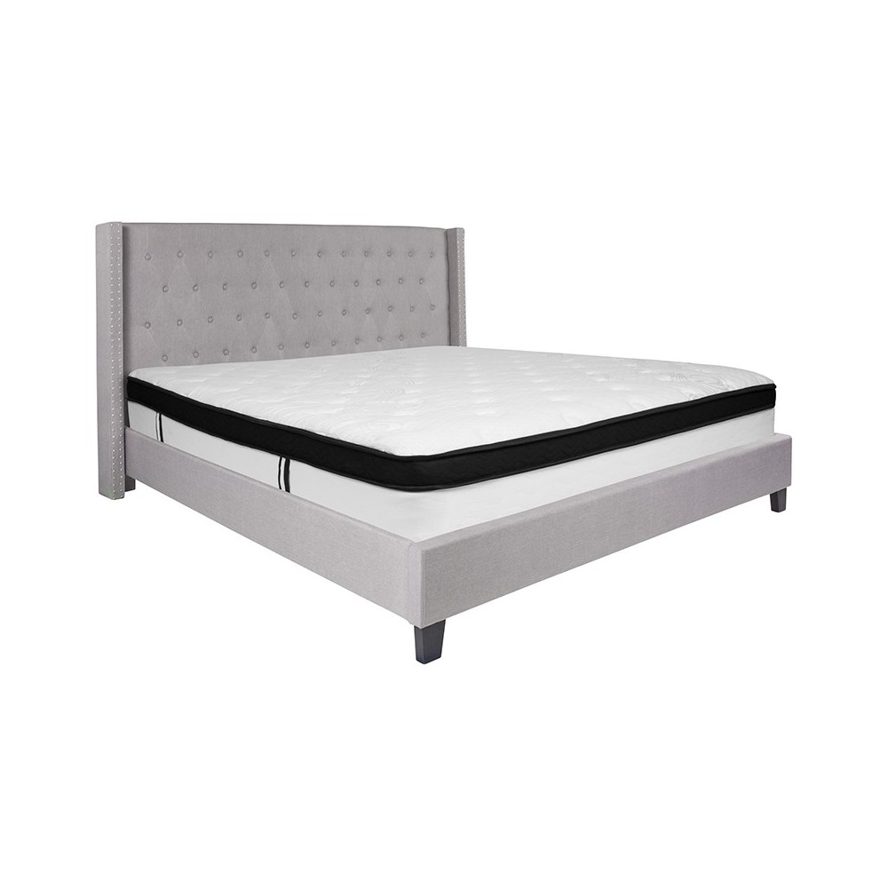 Riverdale King Size Tufted Upholstered Platform Bed in Light Gray Fabric with Memory Foam Mattress