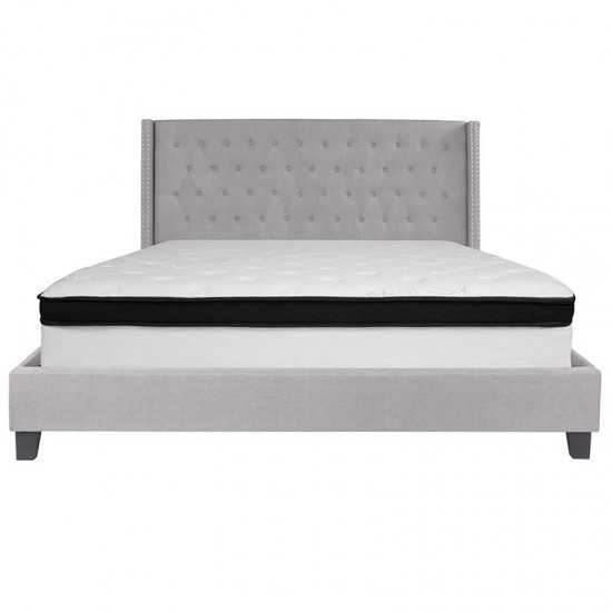 Riverdale King Size Tufted Upholstered Platform Bed in Light Gray Fabric with Memory Foam Mattress