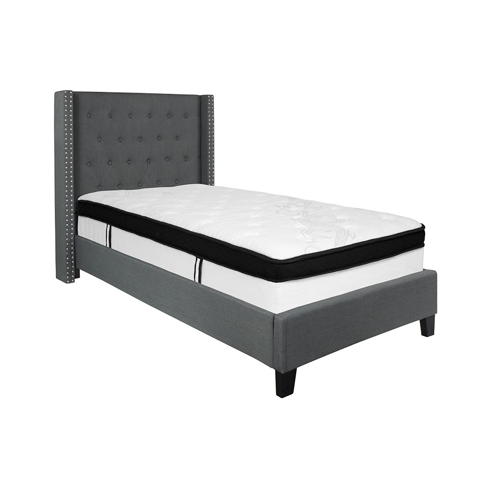 Riverdale Twin Size Tufted Upholstered Platform Bed in Dark Gray Fabric with Memory Foam Mattress