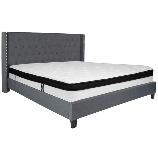 Riverdale King Size Tufted Upholstered Platform Bed in Dark Gray Fabric with Memory Foam Mattress