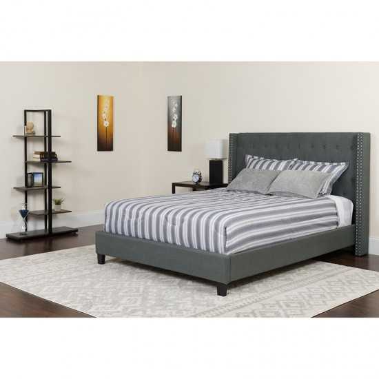 Riverdale King Size Tufted Upholstered Platform Bed in Dark Gray Fabric with Memory Foam Mattress