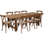 8' x 40'' Antique Rustic Folding Farm Table Set with 8 Cross Back Chairs and Cushions
