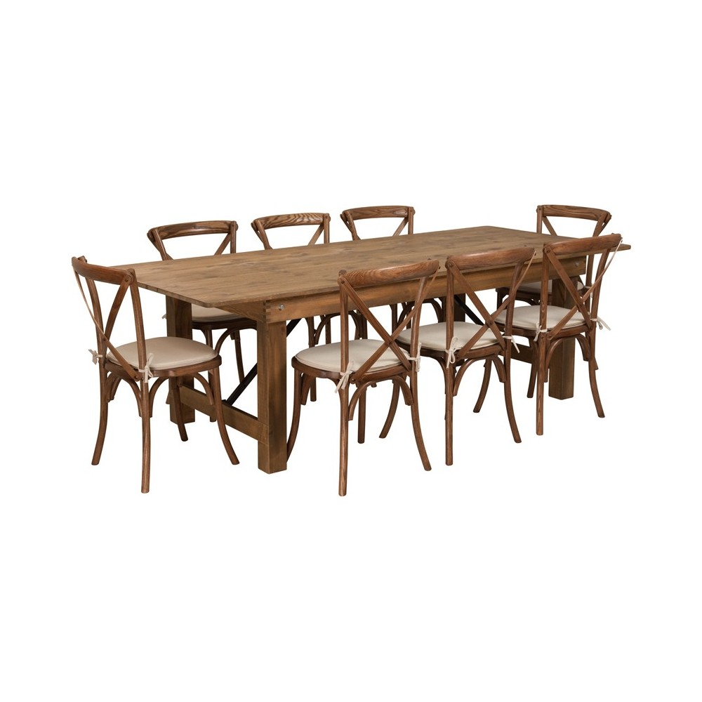 8' x 40'' Antique Rustic Folding Farm Table Set with 8 Cross Back Chairs and Cushions