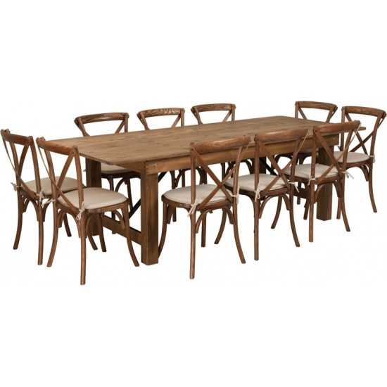 8' x 40'' Antique Rustic Folding Farm Table Set with 10 Cross Back Chairs and Cushions