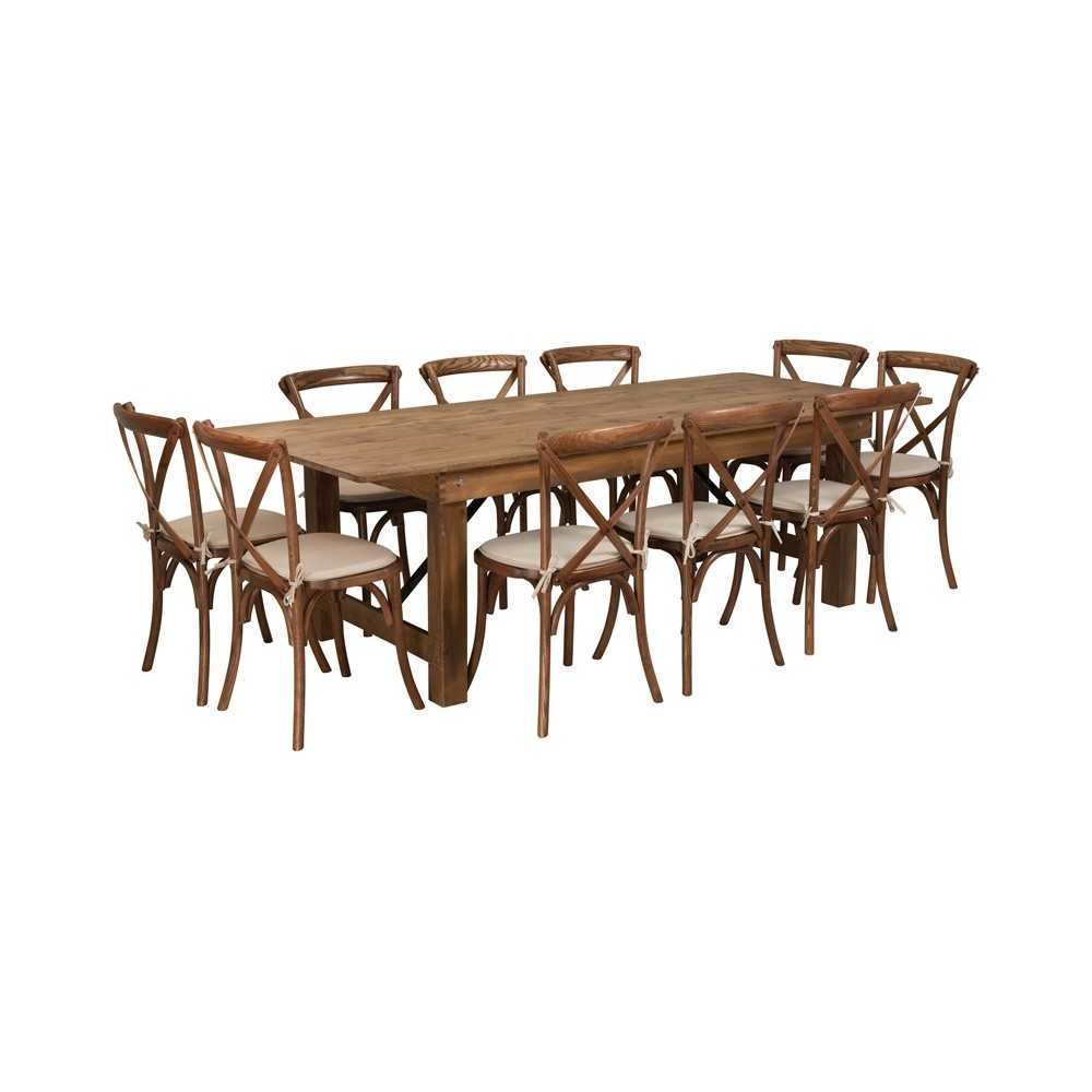 8' x 40'' Antique Rustic Folding Farm Table Set with 10 Cross Back Chairs and Cushions