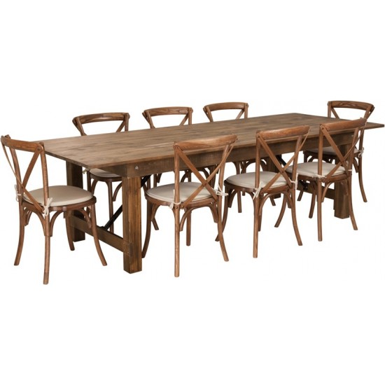 9' x 40'' Antique Rustic Folding Farm Table Set with 8 Cross Back Chairs and Cushions