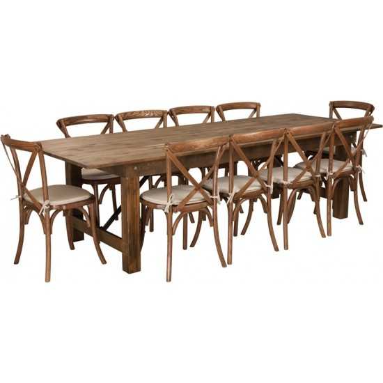 9' x 40'' Antique Rustic Folding Farm Table Set with 10 Cross Back Chairs and Cushions