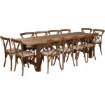 9' x 40'' Antique Rustic Folding Farm Table Set with 12 Cross Back Chairs and Cushions