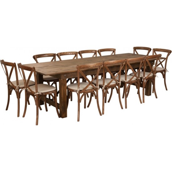 9' x 40'' Antique Rustic Folding Farm Table Set with 12 Cross Back Chairs and Cushions