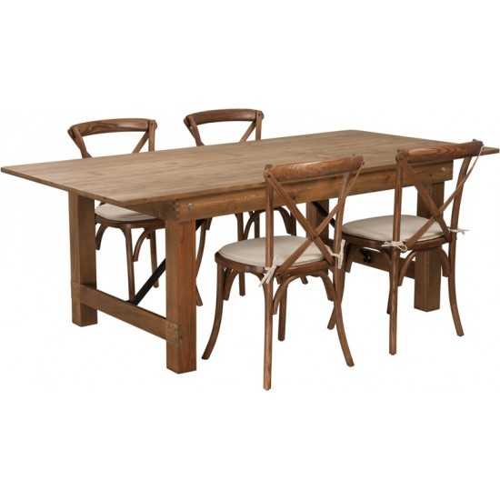 7' x 40'' Antique Rustic Folding Farm Table Set with 4 Cross Back Chairs and Cushions