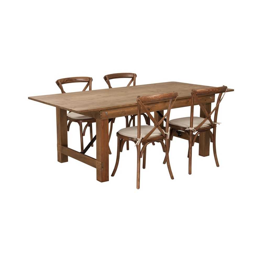 7' x 40'' Antique Rustic Folding Farm Table Set with 4 Cross Back Chairs and Cushions 7' x 40'' Antique Rustic Folding Farm Table Set with 4 Cross Back Chairs and Cushions