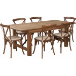 7' x 40'' Antique Rustic Folding Farm Table Set with 6 Cross Back Chairs and Cushions