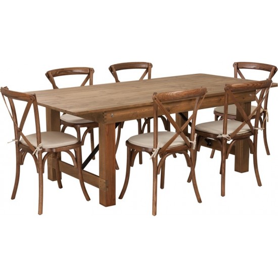 7' x 40'' Antique Rustic Folding Farm Table Set with 6 Cross Back Chairs and Cushions