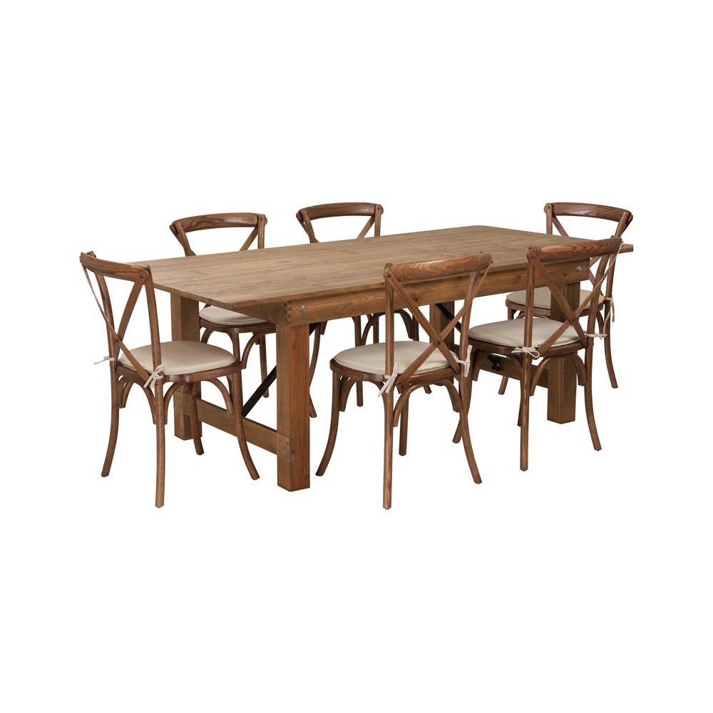 7' x 40'' Antique Rustic Folding Farm Table Set with 6 Cross Back Chairs and Cushions