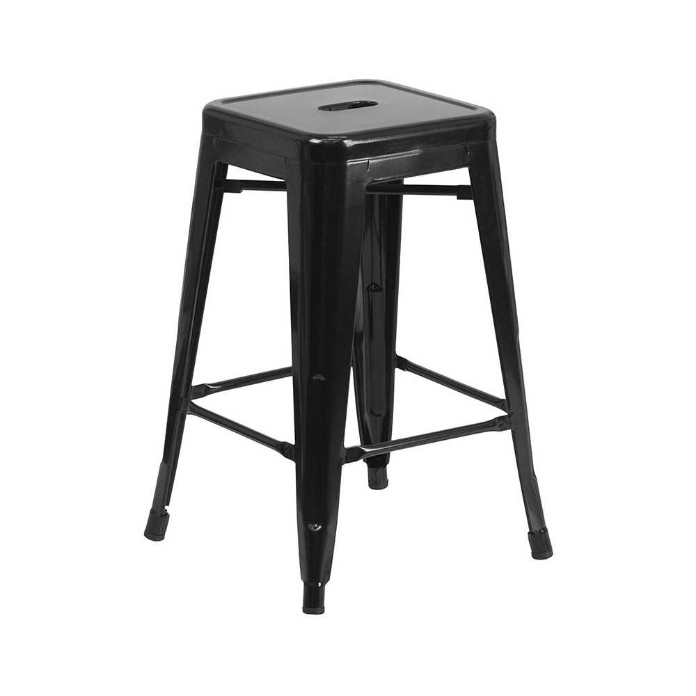 Commercial Grade 24" High Backless Black Metal Indoor-Outdoor Counter Height Stool with Square Seat