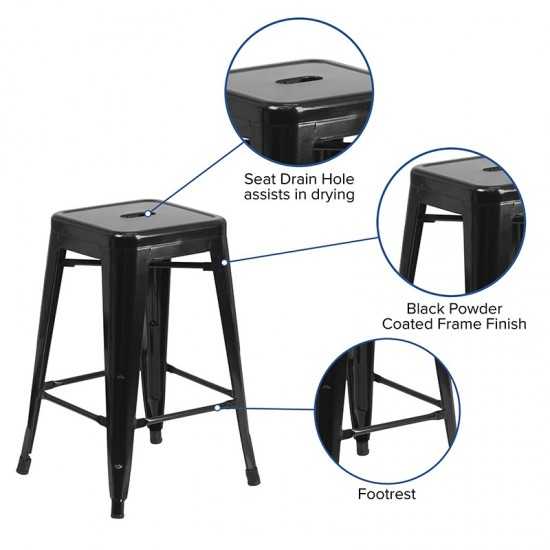 Commercial Grade 24" High Backless Black Metal Indoor-Outdoor Counter Height Stool with Square Seat