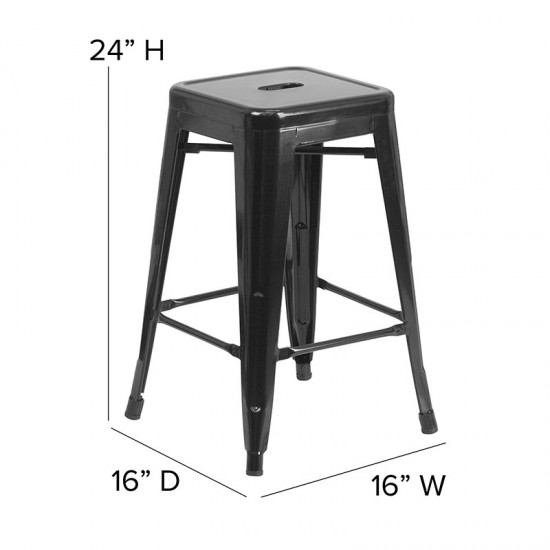 Commercial Grade 24" High Backless Black Metal Indoor-Outdoor Counter Height Stool with Square Seat