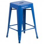 Commercial Grade 24" High Backless Blue Metal Indoor-Outdoor Counter Height Stool with Square Seat