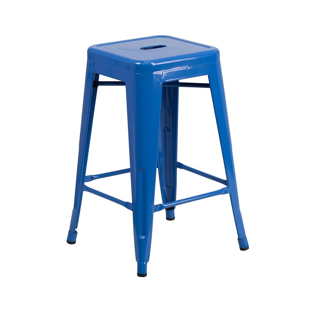 Commercial Grade 24" High Backless Blue Metal Indoor-Outdoor Counter Height Stool with Square Seat