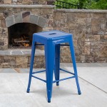 Commercial Grade 24" High Backless Blue Metal Indoor-Outdoor Counter Height Stool with Square Seat