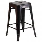 Commercial Grade 24" High Backless Black-Antique Gold Metal Indoor-Outdoor Counter Height Stool with Square Seat