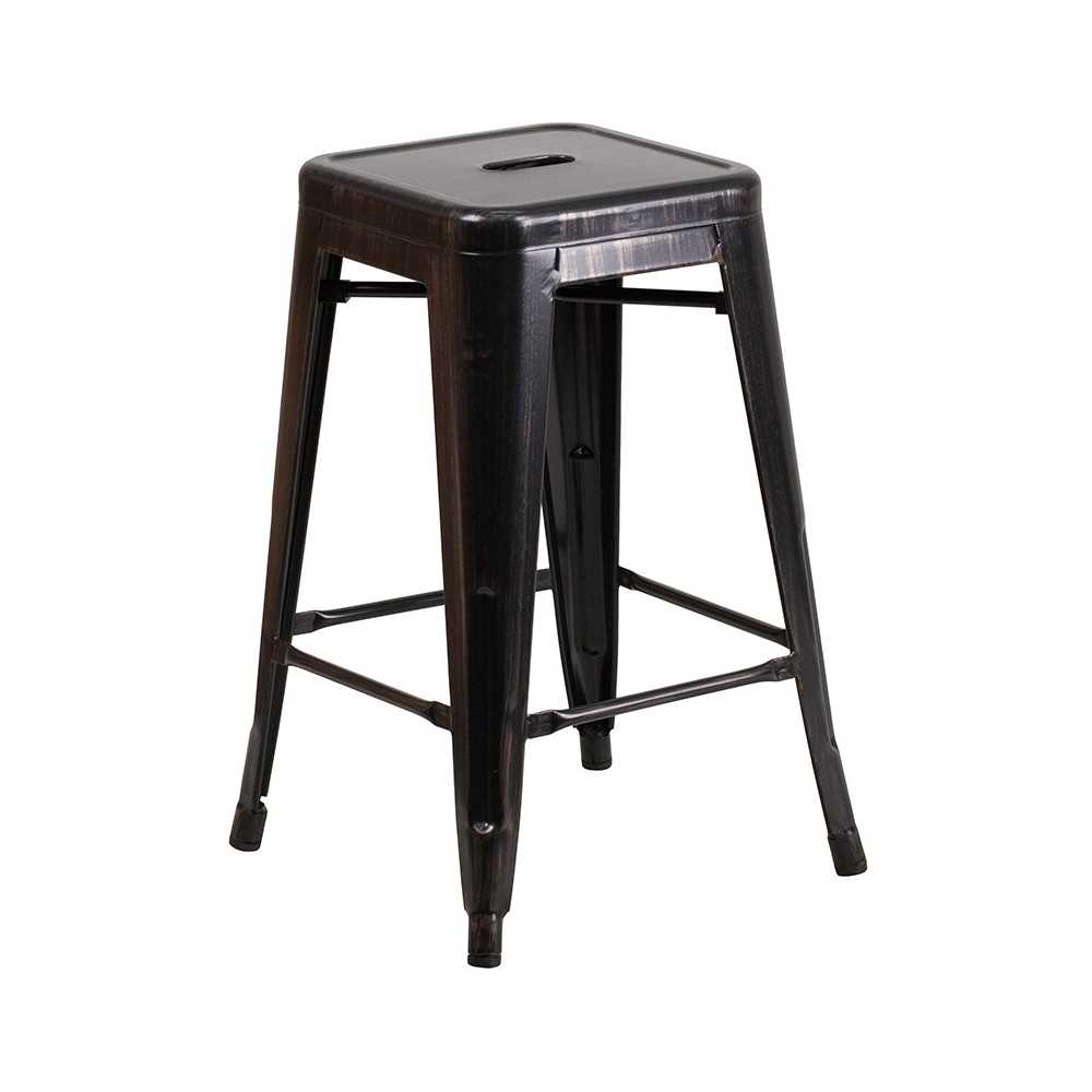 Commercial Grade 24" High Backless Black-Antique Gold Metal Indoor-Outdoor Counter Height Stool with Square Seat