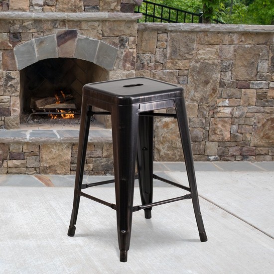 Commercial Grade 24" High Backless Black-Antique Gold Metal Indoor-Outdoor Counter Height Stool with Square Seat