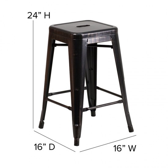 Commercial Grade 24" High Backless Black-Antique Gold Metal Indoor-Outdoor Counter Height Stool with Square Seat