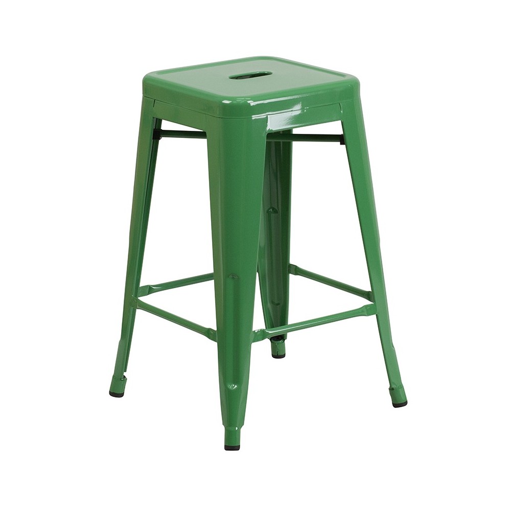 Commercial Grade 24" High Backless Green Metal Indoor-Outdoor Counter Height Stool with Square Seat