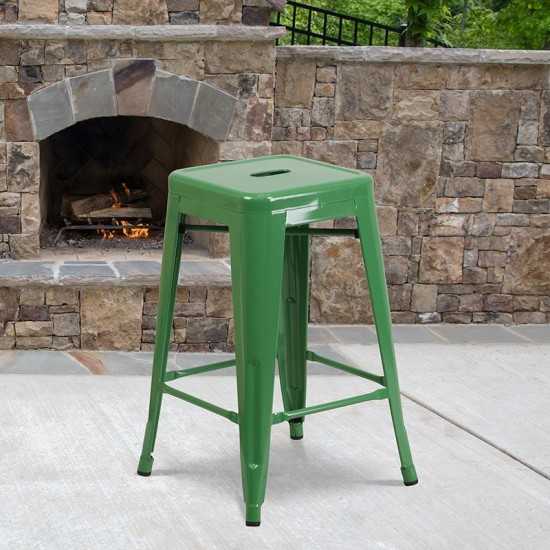 Commercial Grade 24" High Backless Green Metal Indoor-Outdoor Counter Height Stool with Square Seat