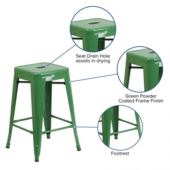 Commercial Grade 24" High Backless Green Metal Indoor-Outdoor Counter Height Stool with Square Seat