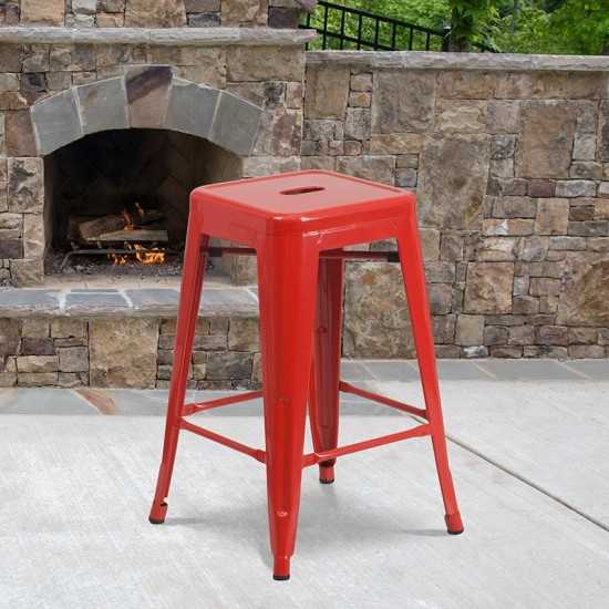 Commercial Grade 24" High Backless Red Metal Indoor-Outdoor Counter Height Stool with Square Seat