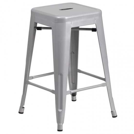 Commercial Grade 24" High Backless Silver Metal Indoor-Outdoor Counter Height Stool with Square Seat