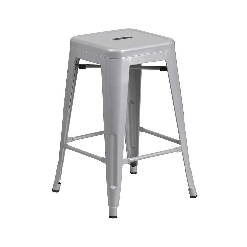 Commercial Grade 24" High Backless Silver Metal Indoor-Outdoor Counter Height Stool with Square Seat