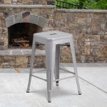 Commercial Grade 24" High Backless Silver Metal Indoor-Outdoor Counter Height Stool with Square Seat