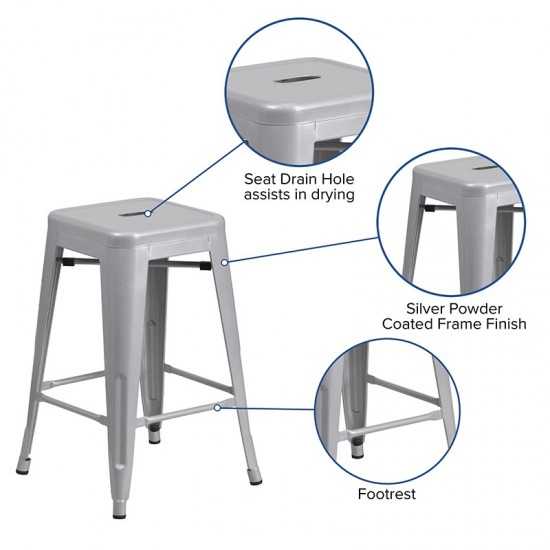 Commercial Grade 24" High Backless Silver Metal Indoor-Outdoor Counter Height Stool with Square Seat