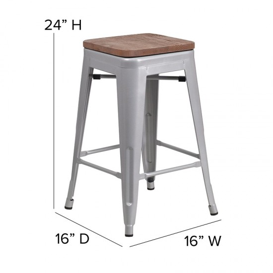 Commercial Grade 24" High Backless Silver Metal Indoor-Outdoor Counter Height Stool with Square Seat