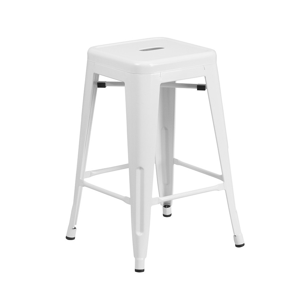 Commercial Grade 24" High Backless White Metal Indoor-Outdoor Counter Height Stool with Square Seat