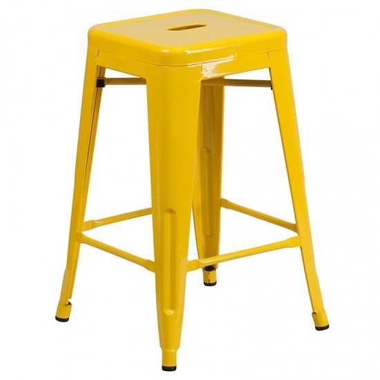 Commercial Grade 24" High Backless Yellow Metal Indoor-Outdoor Counter Height Stool with Square Seat