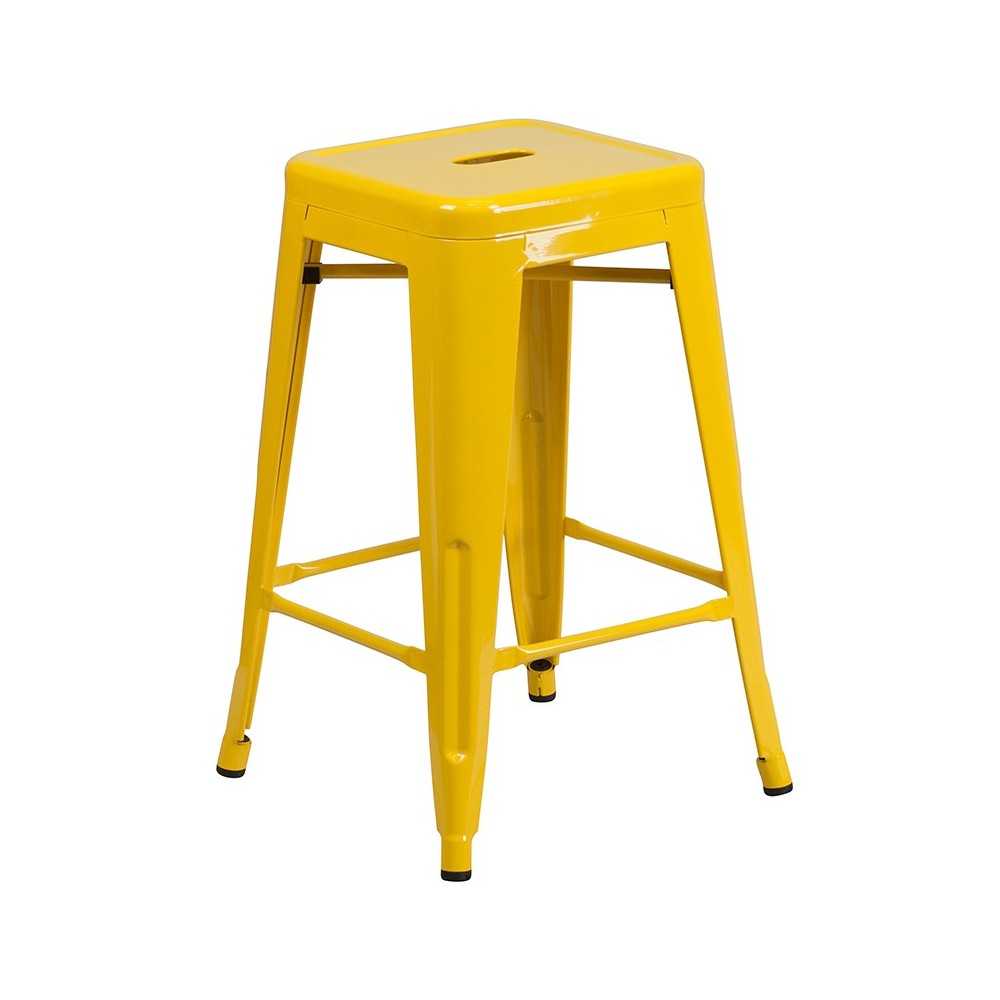 Commercial Grade 24" High Backless Yellow Metal Indoor-Outdoor Counter Height Stool with Square Seat