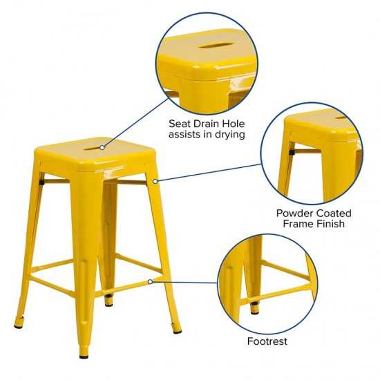 Commercial Grade 24" High Backless Yellow Metal Indoor-Outdoor Counter Height Stool with Square Seat