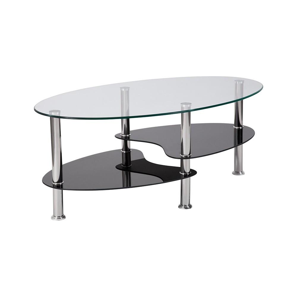 Hampden Glass Coffee Table with Black Glass Shelves and Stainless Steel Legs