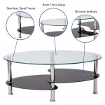 Hampden Glass Coffee Table with Black Glass Shelves and Stainless Steel Legs