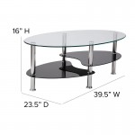 Hampden Glass Coffee Table with Black Glass Shelves and Stainless Steel Legs