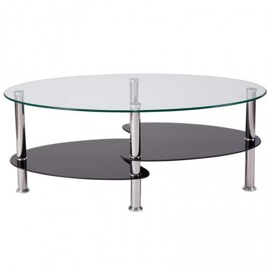 Hampden Glass Coffee Table with Black Glass Shelves and Stainless Steel Legs