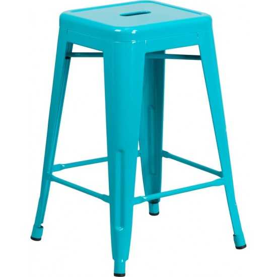 Commercial Grade 24" High Backless Crystal Teal-Blue Indoor-Outdoor Counter Height Stool
