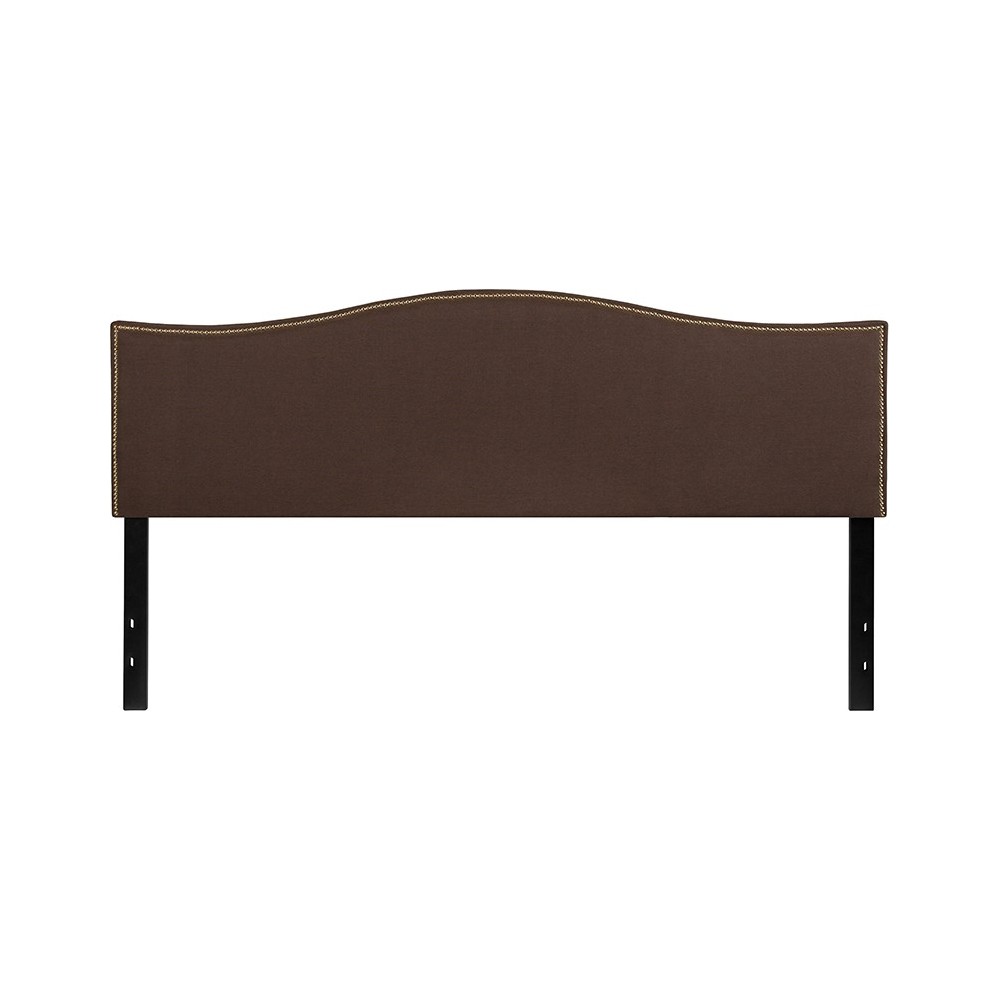 Lexington Upholstered King Size Headboard with Accent Nail Trim in Dark Brown Fabric